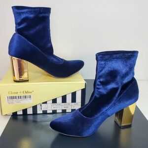 Chase + Chloe Milly Blue Velvet Gold Sock Heeled Boots - Size 7